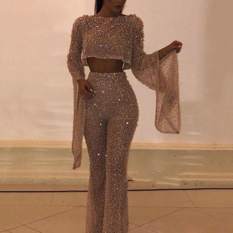 Women's Sexy Long-sleeved Sequin Gold Jumpsuit