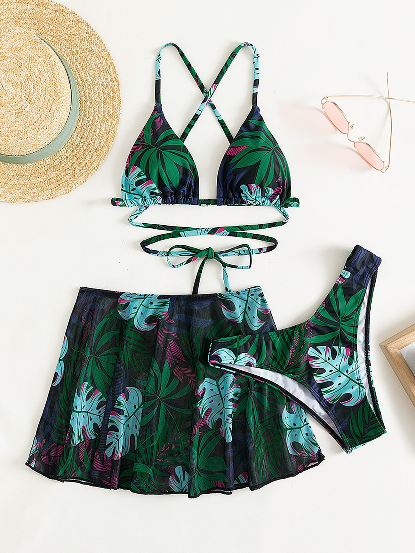 Surfing The Coast Botanical Print Three-Piece Swimsuit