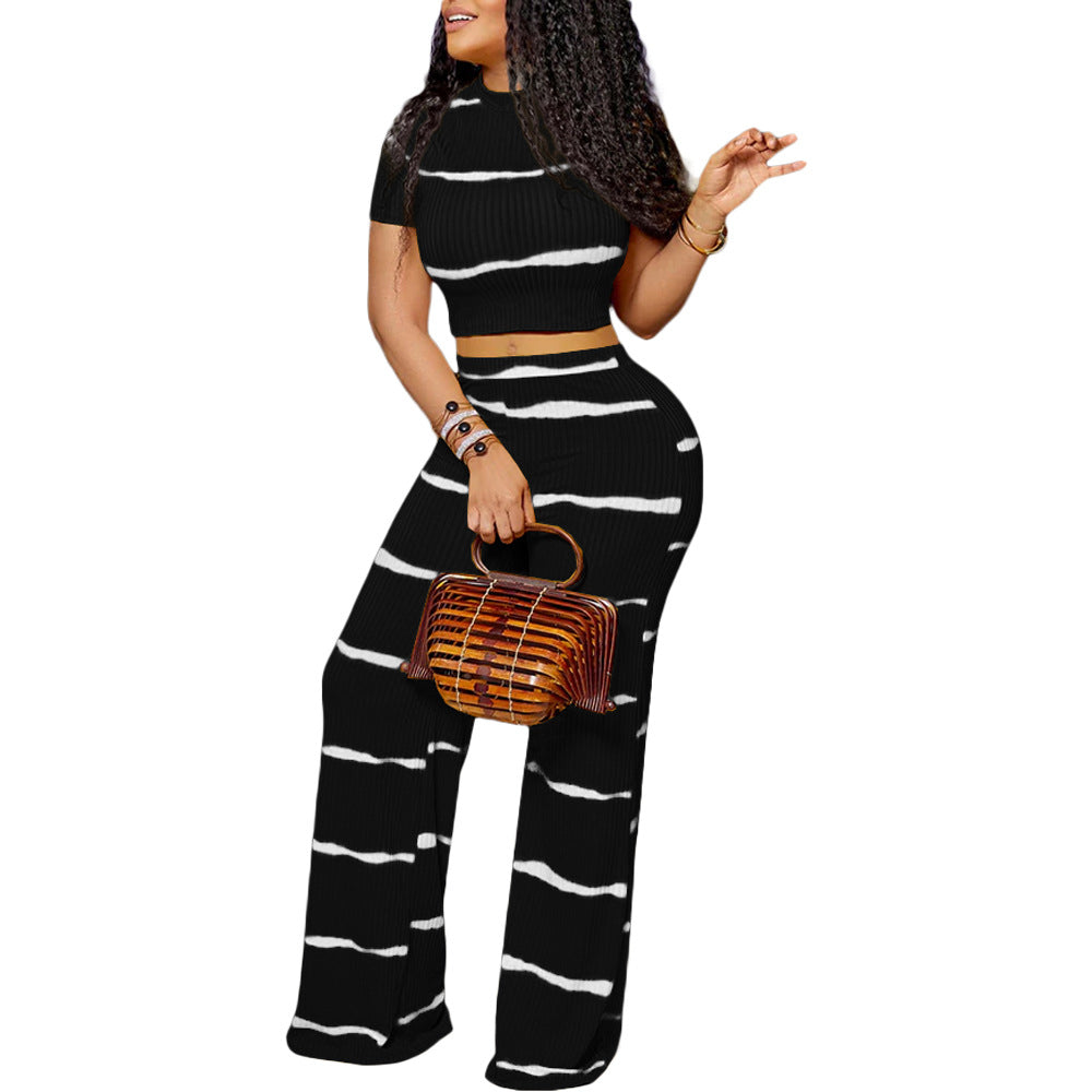 Striped Printed Sunken Stripe Wide Leg Matching Two Piece Set
