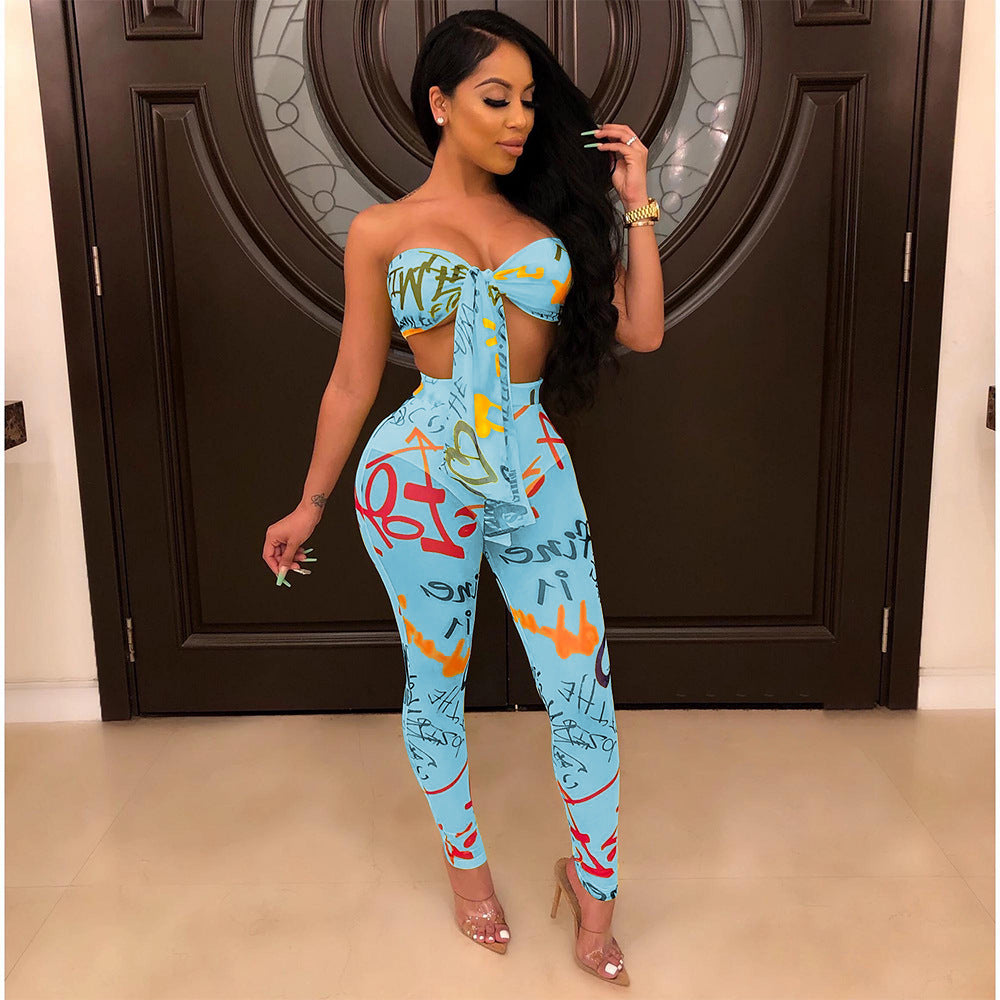 Graffiti Print Sexy Chest Wrap Two Piece Set