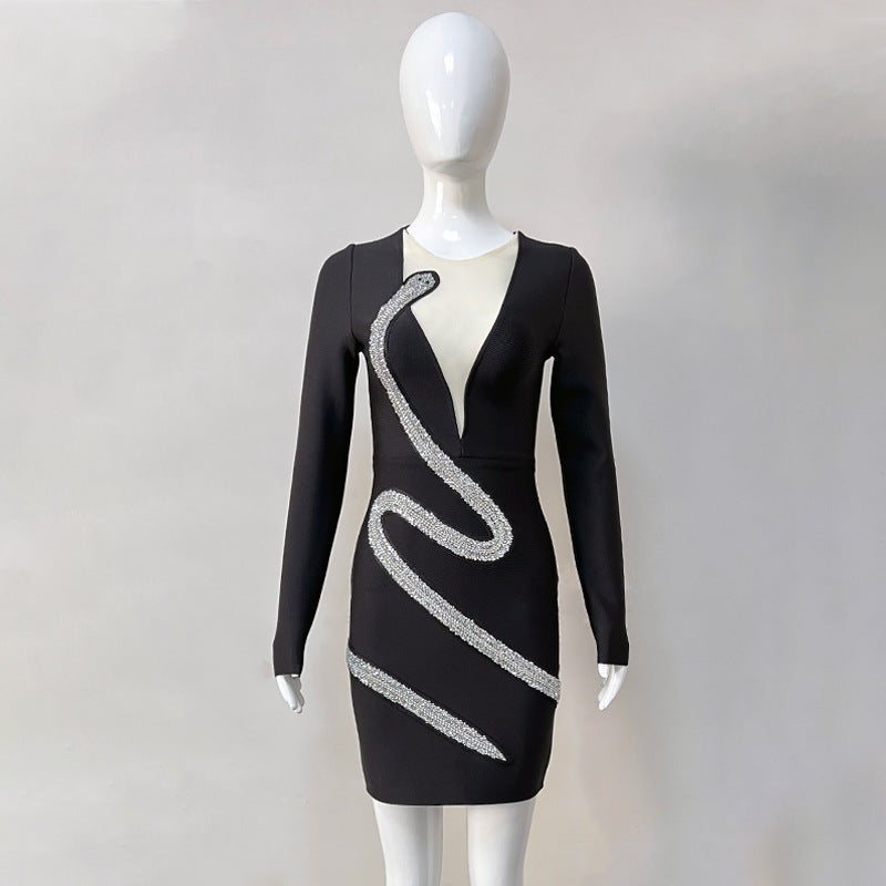 Black Diamond-encrusted Long-sleeved Slim Bandage Skirt Dress