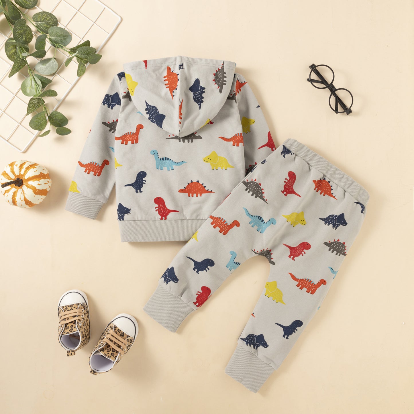 Boys Dinosaur Print Long-sleeved Trousers And Hooded Sweater Set