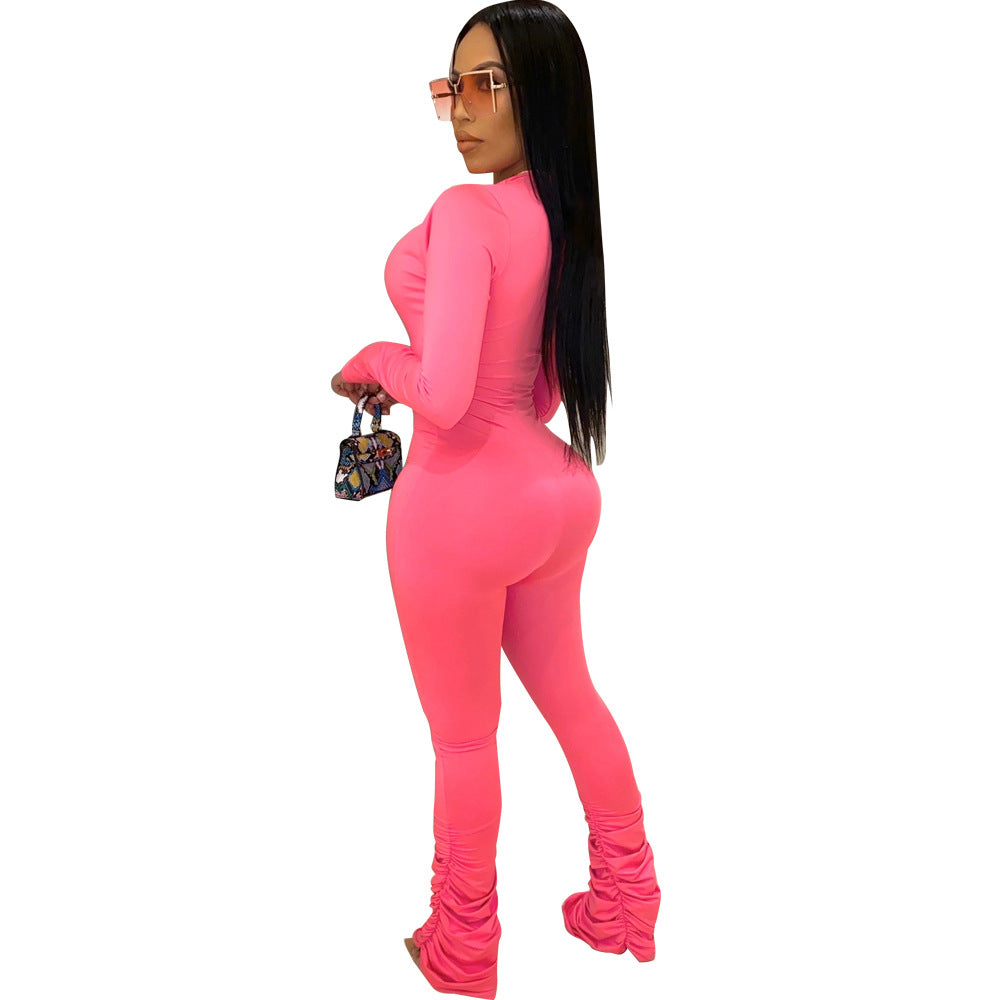 Solid color big V-neck tight ladies Jumpsuit