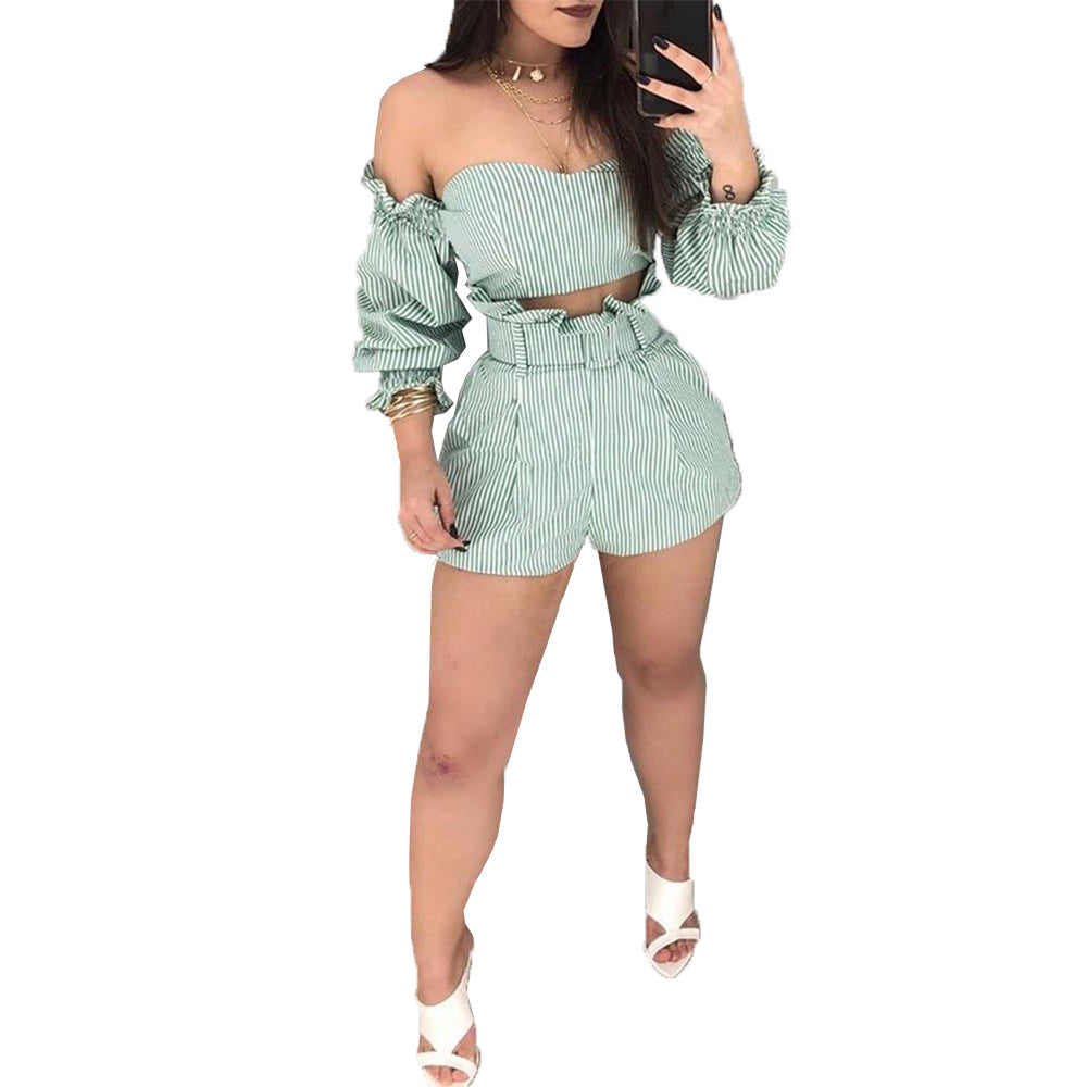 One-piece Shoulder Stripe Green Two-Piece Set