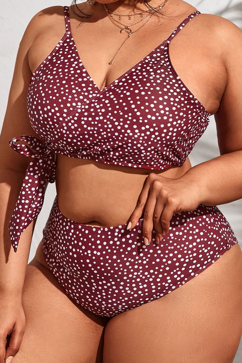Plus Size Polka Dot Tied High Waist Swim Set