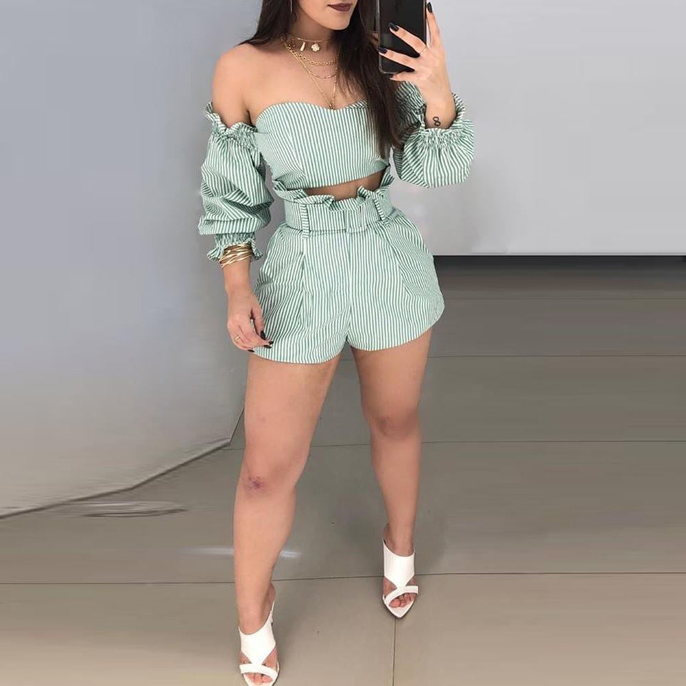One-piece Shoulder Stripe Green Two-Piece Set