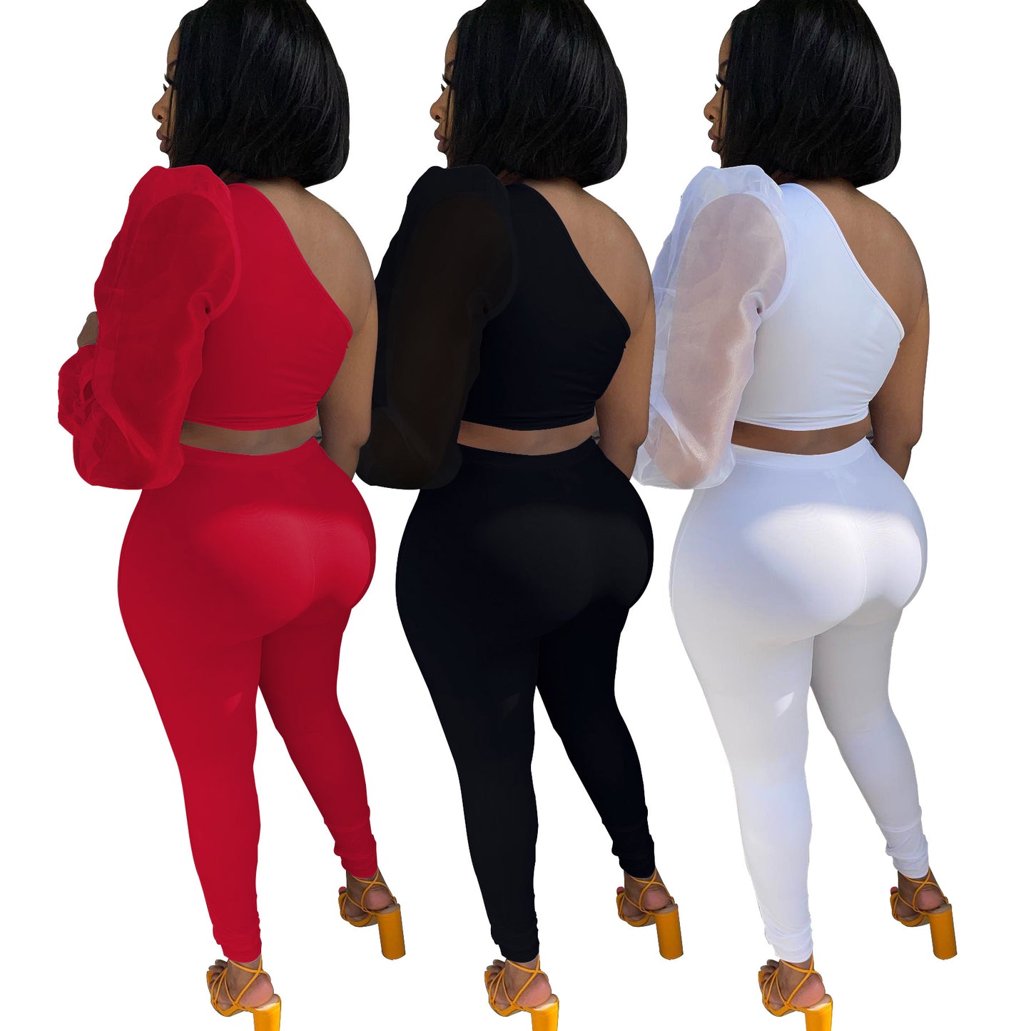 Mesh One Sleeve Elastic Two Piece Pants Set