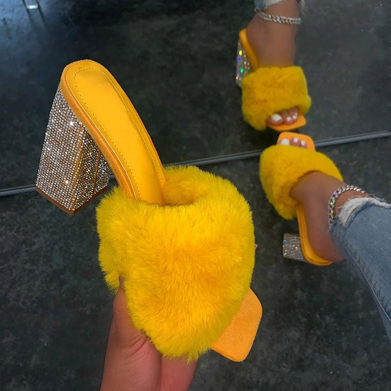 Women's Summer Fashion Rhinestone Fluffy High Heels
