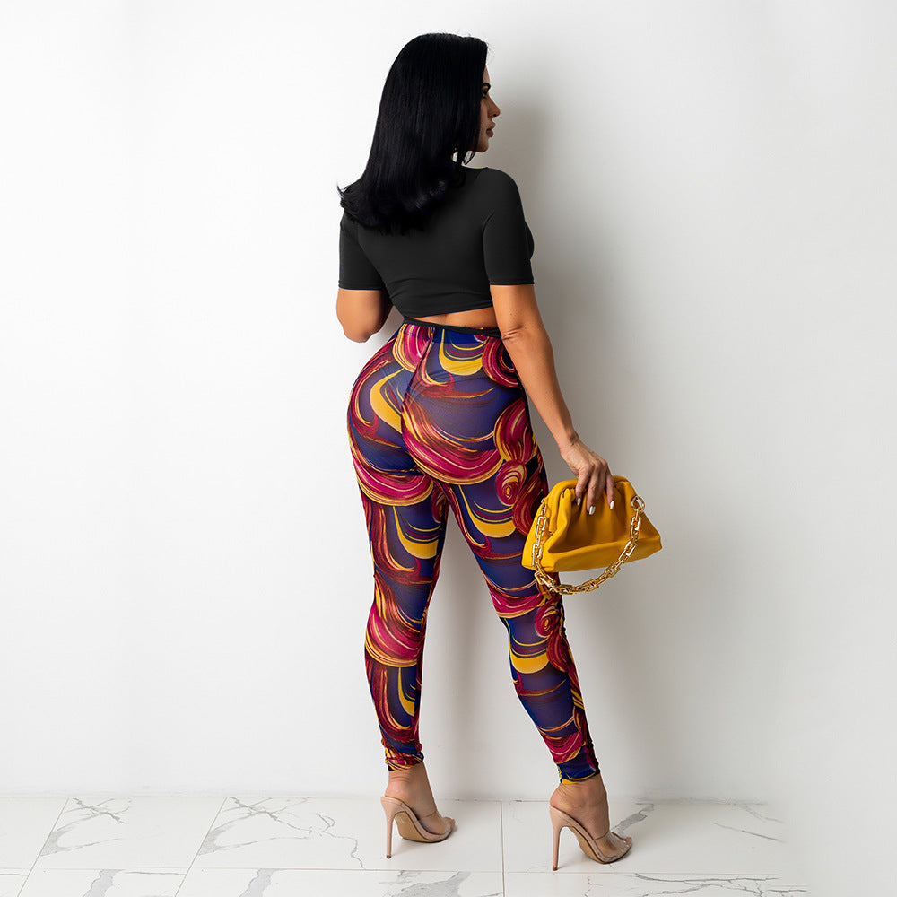 Sexy Mesh Printed Trousers Women Two-Piece Set