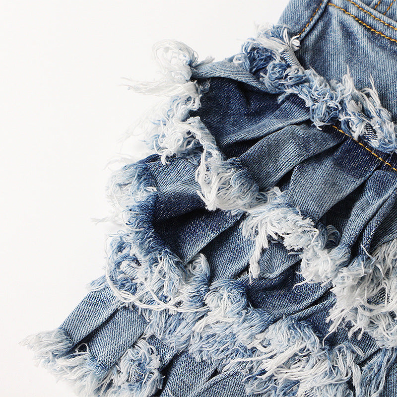 New Fashion Temperament Sexy One Buckle Fringed High Waist Denim Shorts
