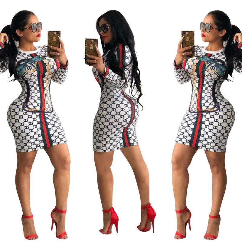 Women's Printed Long Sleeve Sexy Dress