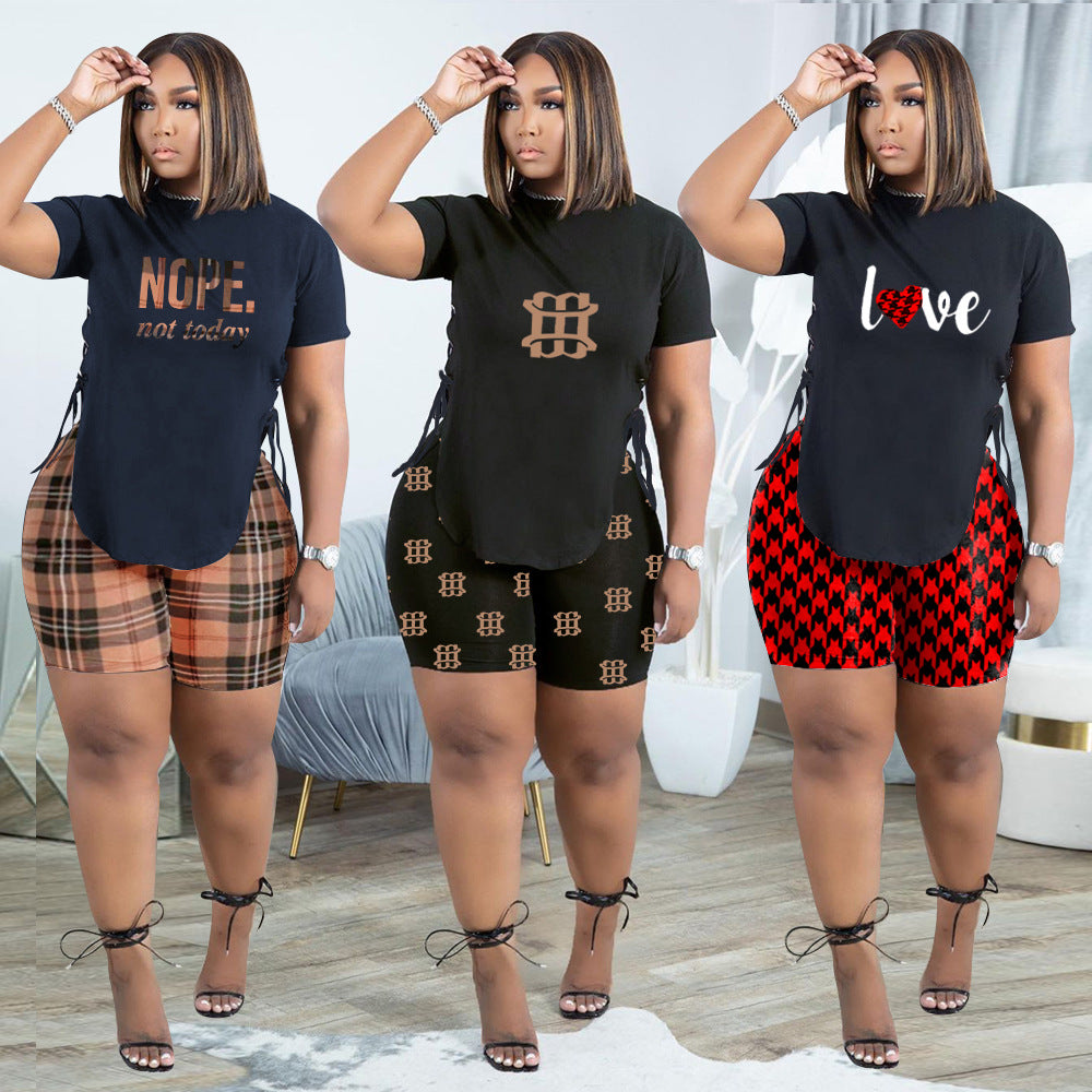Women's Casual Side Slit Printed Letter Shorts Two-Piece Set