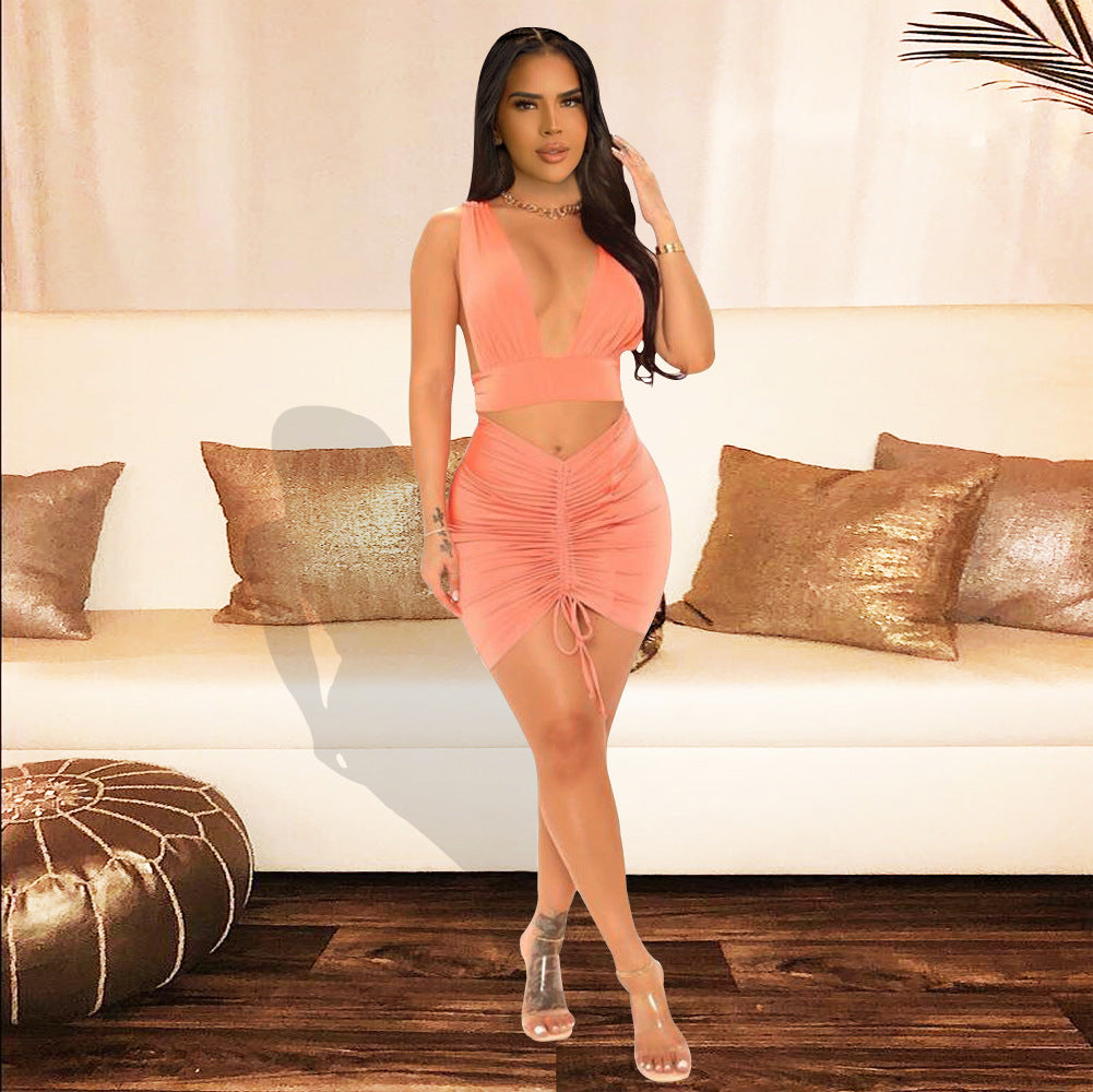Vest Drawstring Pleated Sleeveless Backless Two Piece Skirt Set
