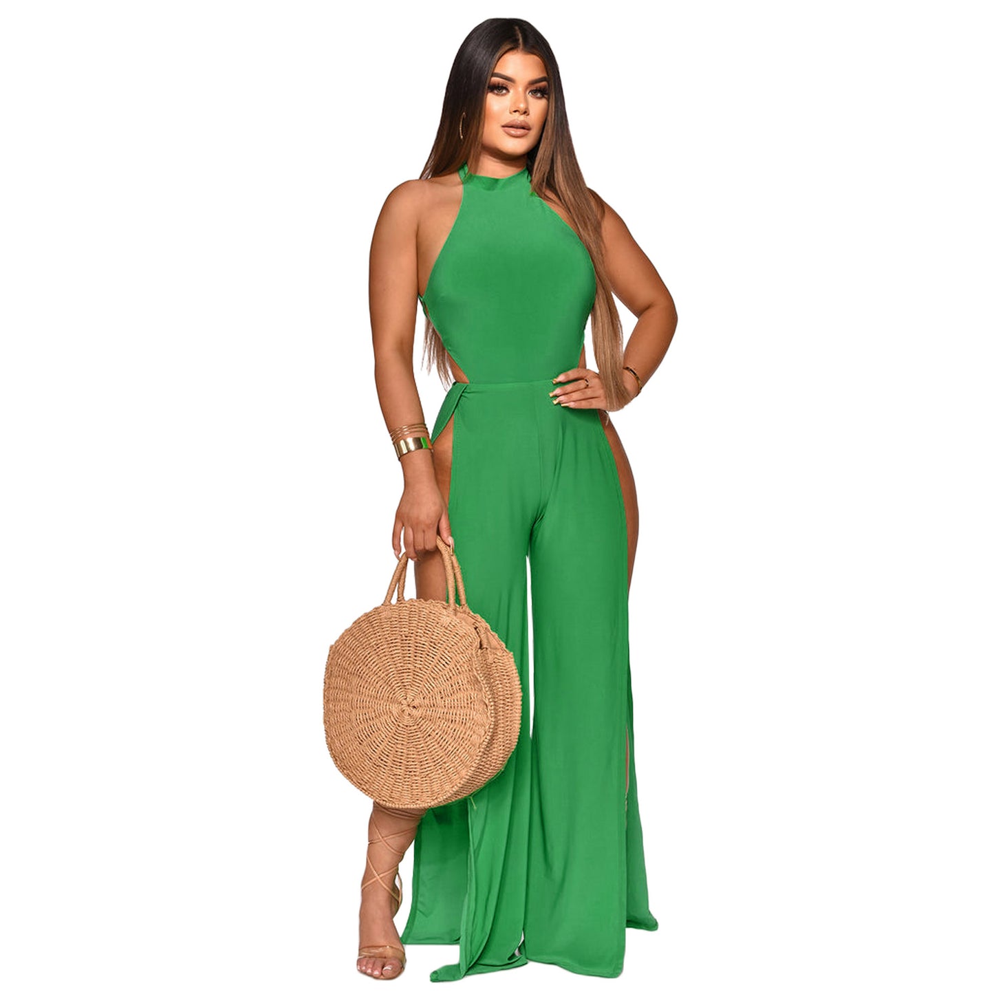 Women's Lace-up Back Split Leg Jumpsuit