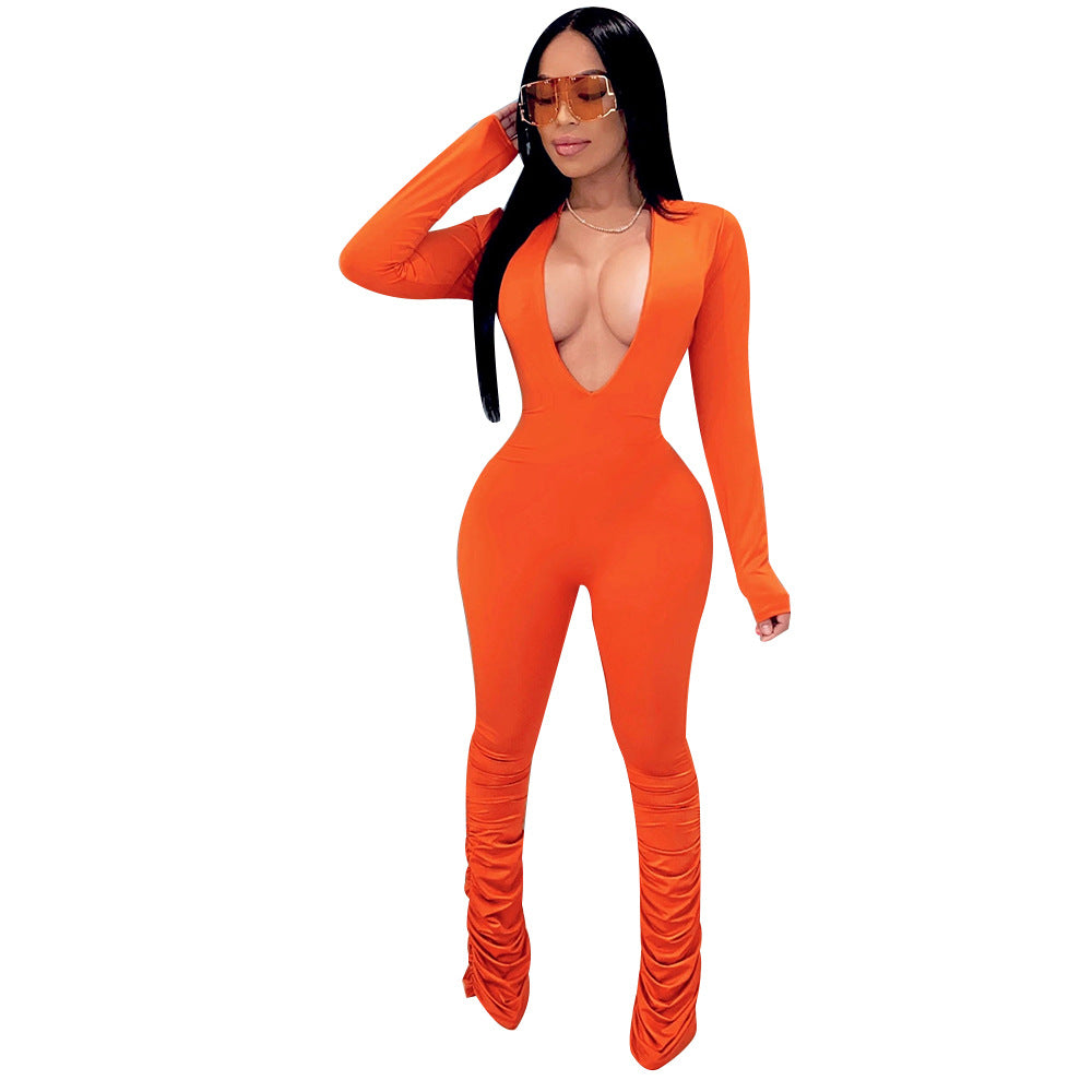 Solid color big V-neck tight ladies Jumpsuit