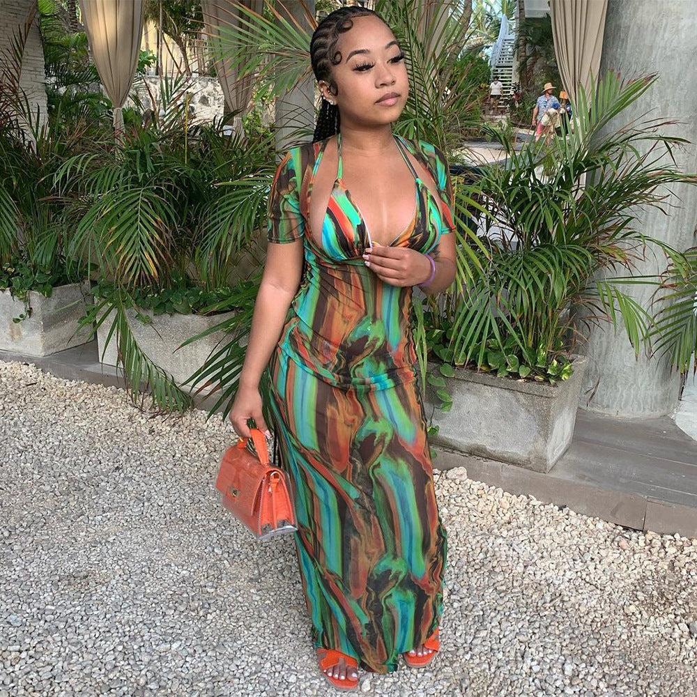Women's Fashion Sexy Hollow Printed Mesh Dress