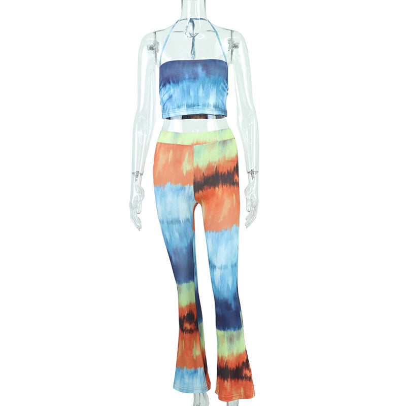 Women's Fashion Crop Top High Waist Wide Leg Pants Printed Two Piece Set