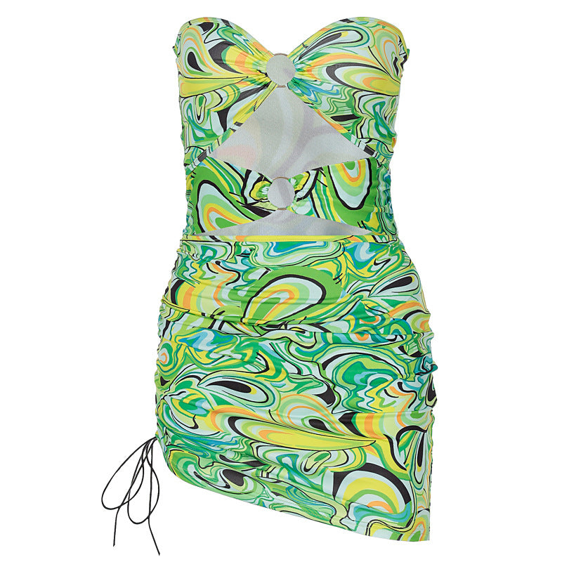 "Summer Time" Summer Print Bra Cut-out Drawstring Dress