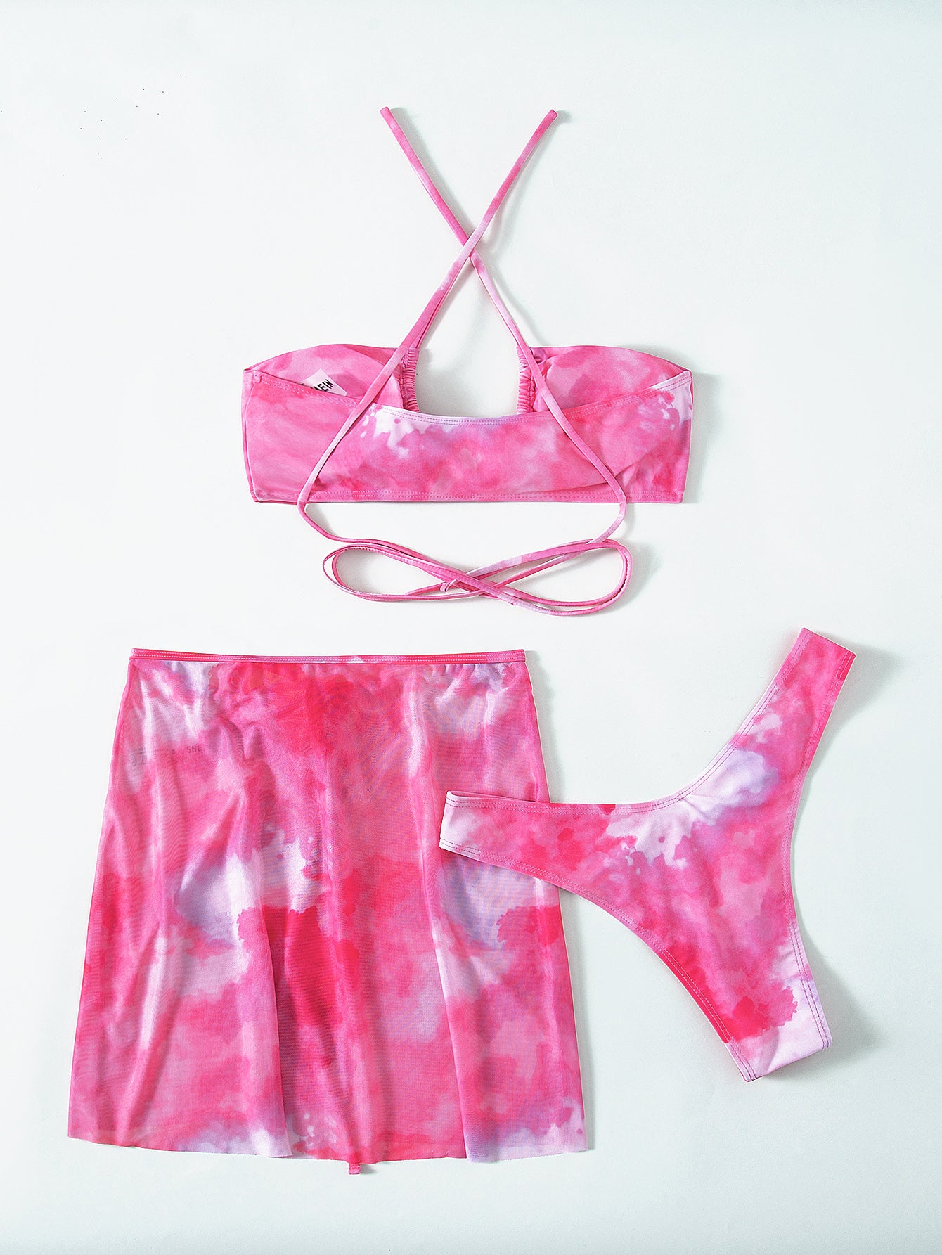 Tie-Dye Halter Neck Crisscross Tied Three-Piece Swimsuit