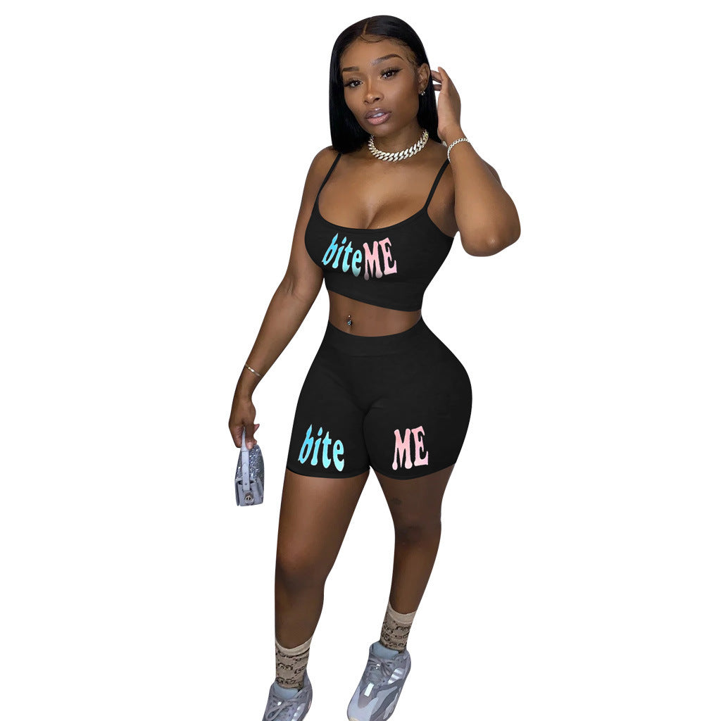 Ladies' Letter Printed Shorts and Top Two Piece Set