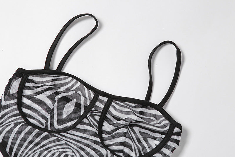 Zebra Pattern Sexy Mesh Printed Bodysuit Jumpsuit Set
