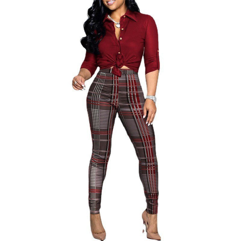 Women's Color Matching Printed Long-sleeved Shirt And Casual Pants Two-piece Set