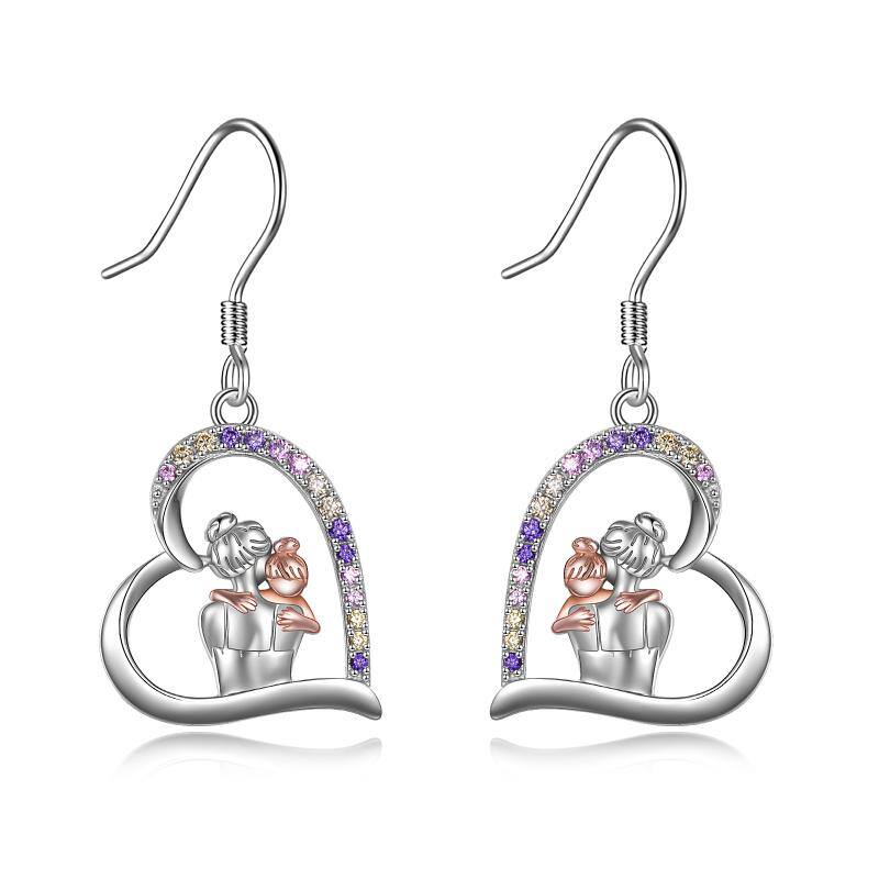 Mother Hold Child Love Heart Dangle Sterling Silver Earrings