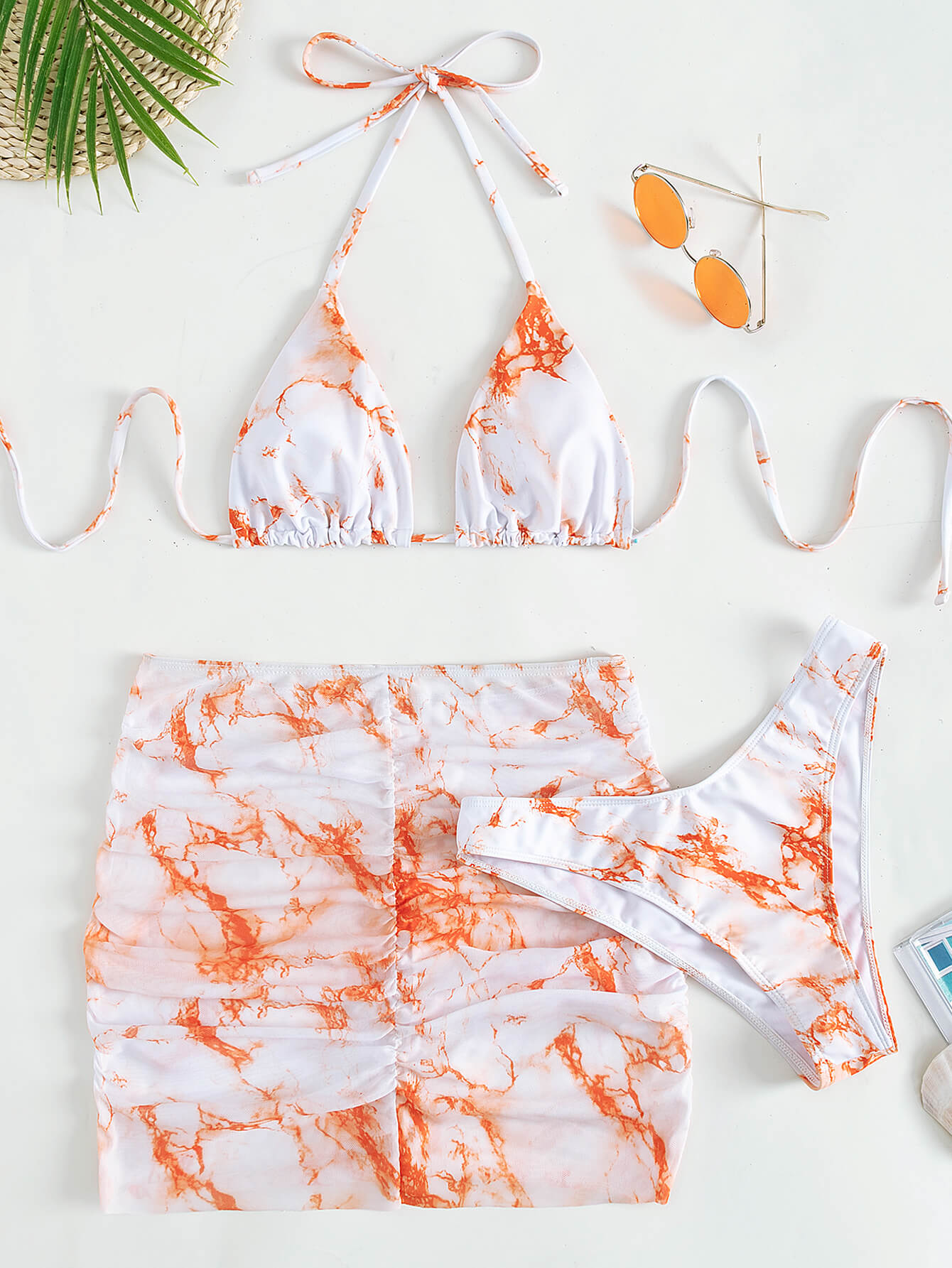 Tie-Dye Halter Neck Ruched Three-Piece Swimsuit