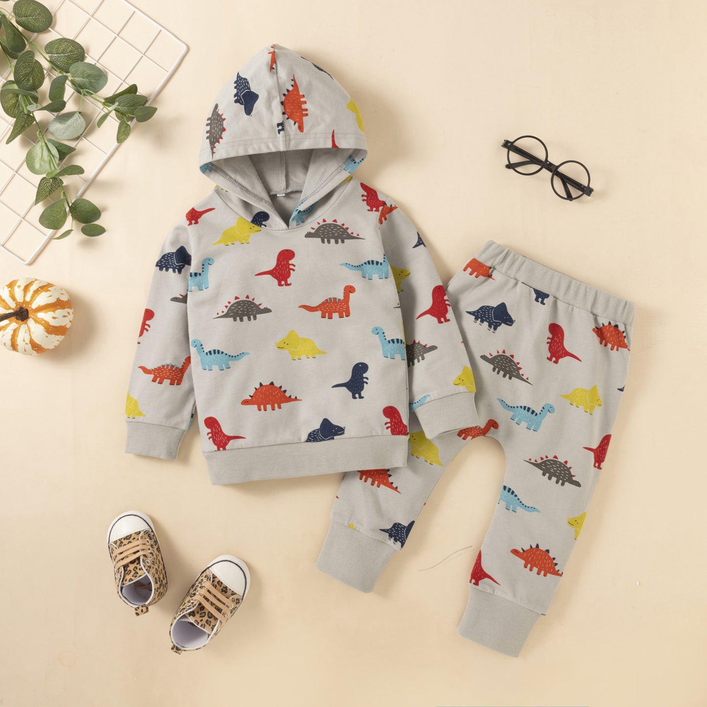 Boys Dinosaur Print Long-sleeved Trousers And Hooded Sweater Set
