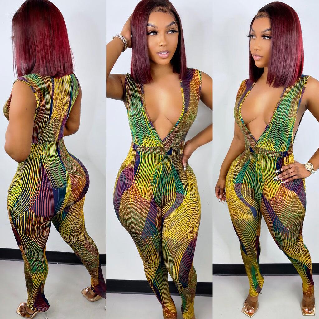 Sexy Deep V Stripe Digital Printing One-piece Jumpsuit