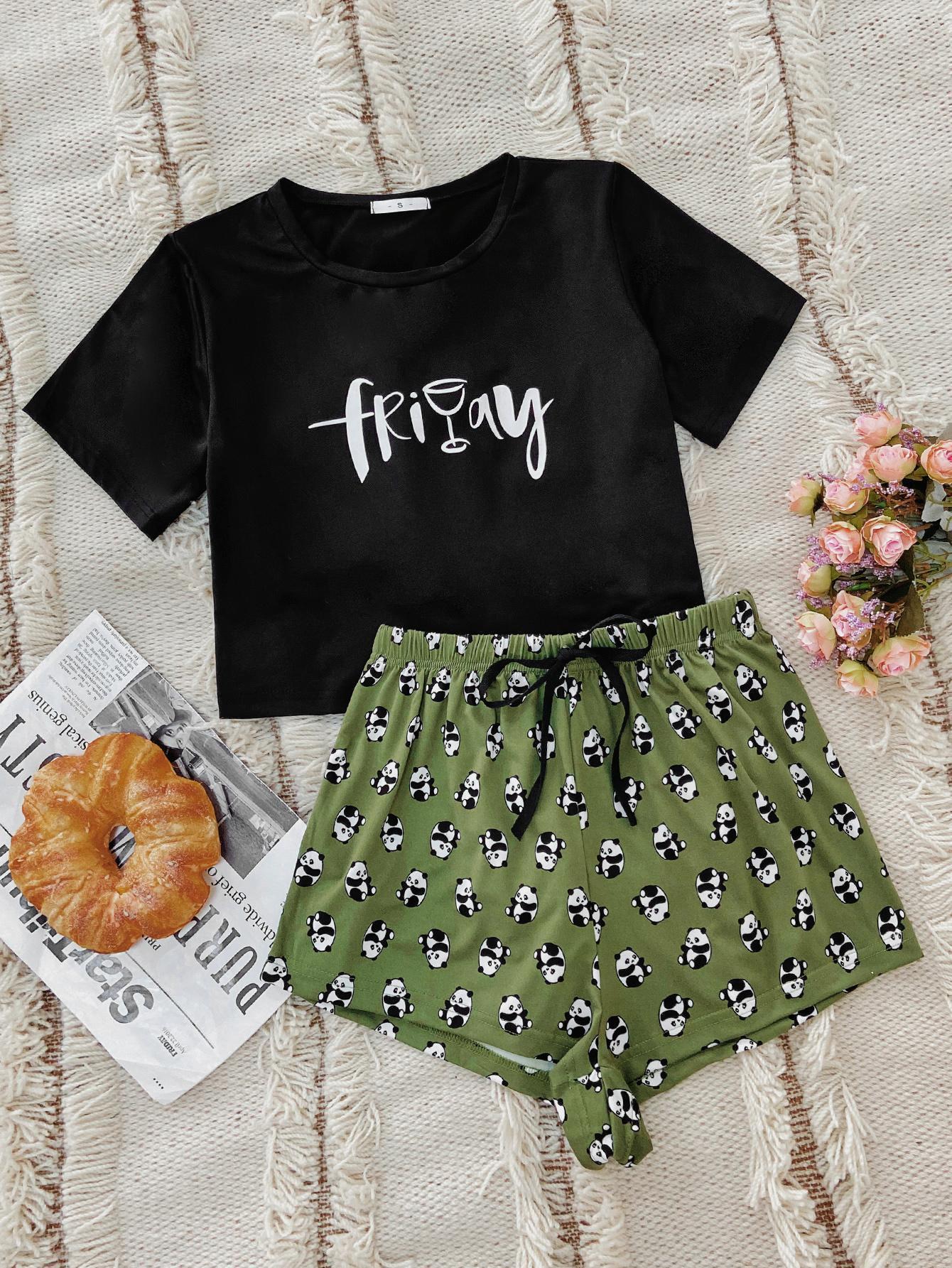 "Friday" Graphic Tee and Panda Print Shorts Lounge Set