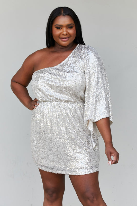 Hailey & Co Full Size Sequined One-Shoulder Bell Sleeve Dress