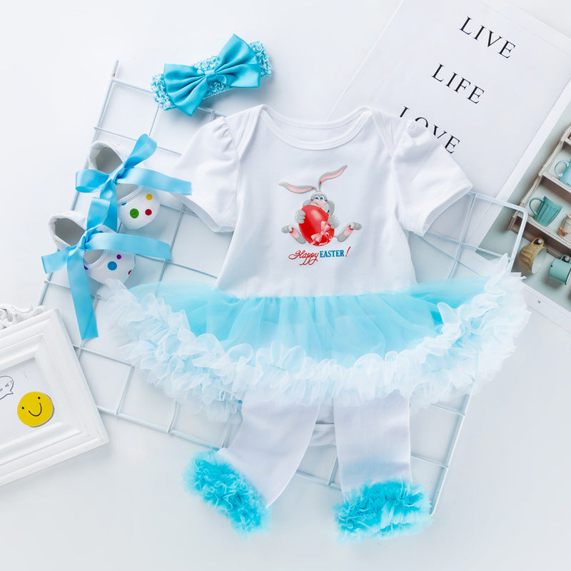 Infant Girl Skirt Easter Short Sleeved Cartoon Rabbit Mesh Skirt