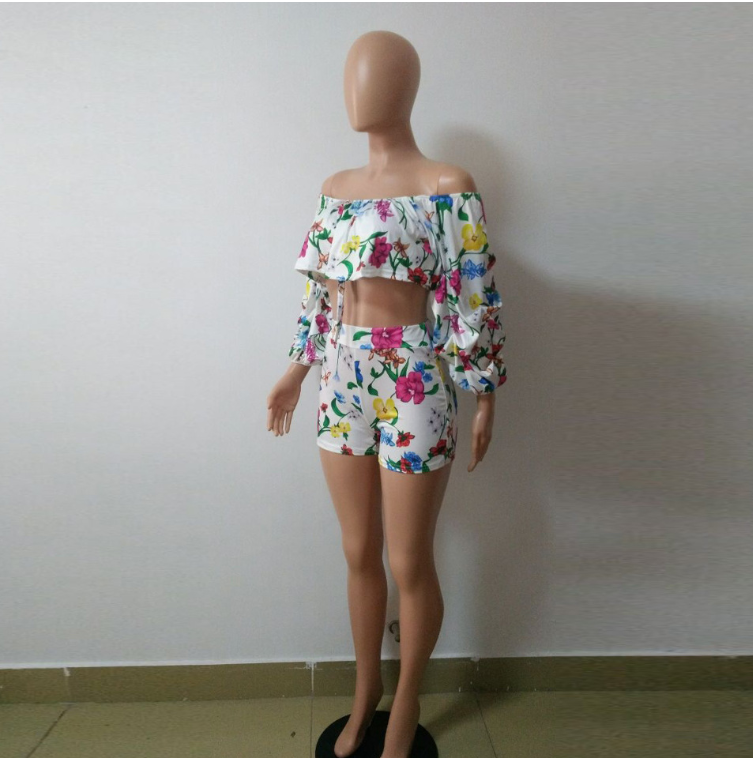 Women's Sexy Flower Printed Puffed Sleeved Two-Piece Set
