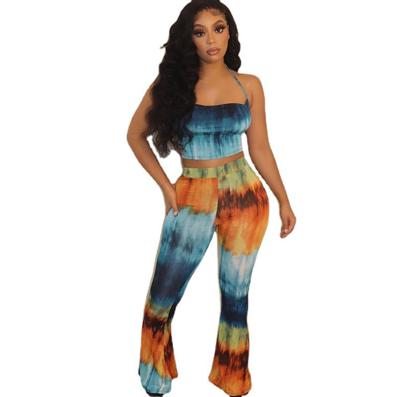 Women's Fashion Crop Top High Waist Wide Leg Pants Printed Two Piece Set