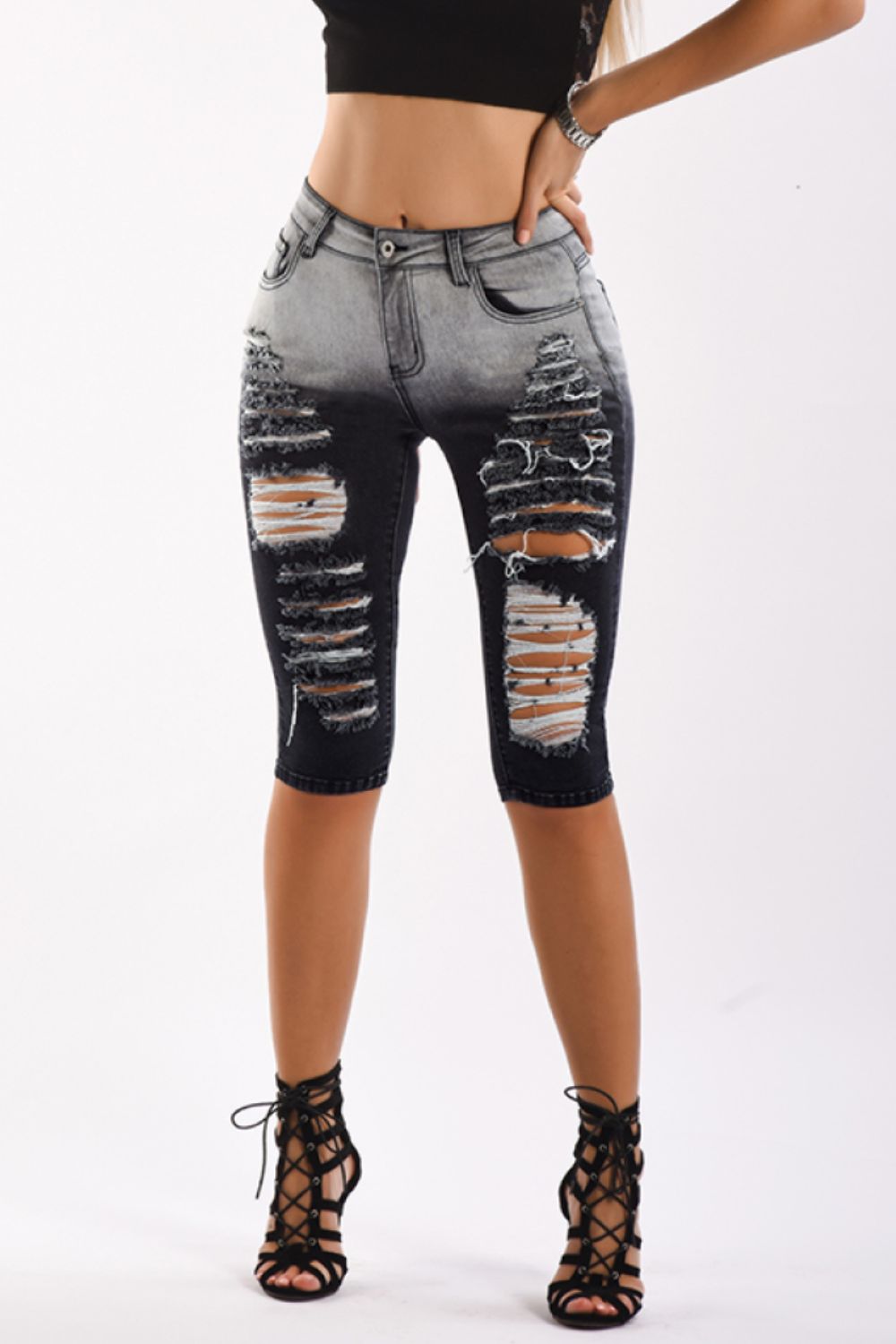 Gradient Distressed Denim Biker Shorts
