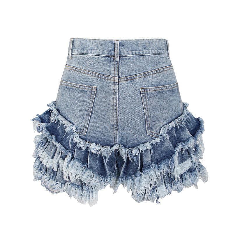 New Fashion Temperament Sexy One Buckle Fringed High Waist Denim Shorts