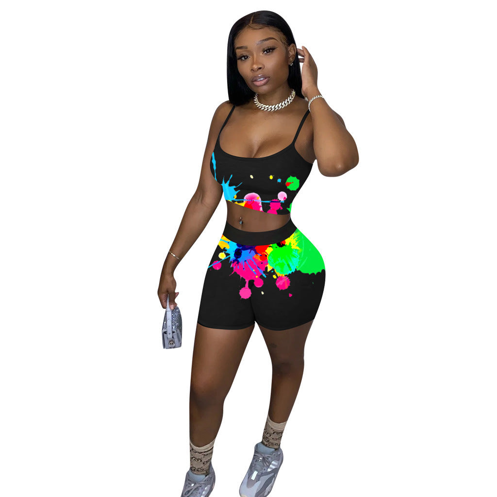Ladies' Letter Printed Shorts and Top Two Piece Set