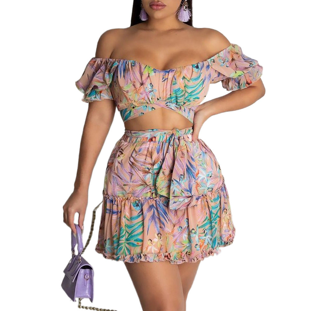 Women's Lace-Up Floral V-Neck Two Piece Set