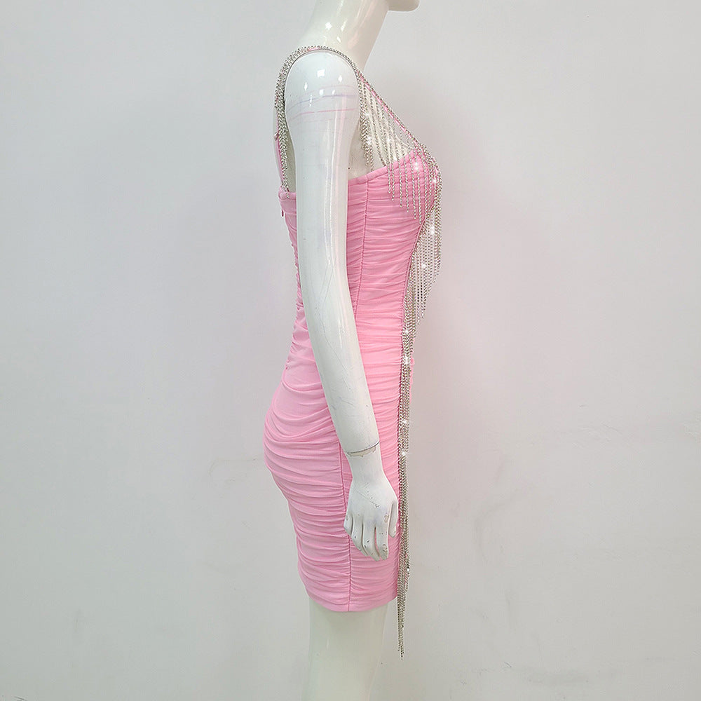 "Razzle Dazzle" Women's Suspender Diamond-encrusted Tassel Mesh Gauze Stitching Pleated Bandage Dress