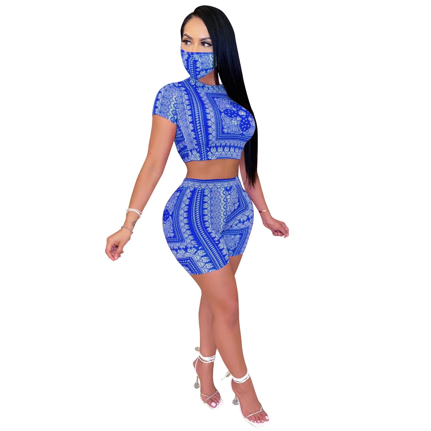 Fashion Sexy Ladies Digital Printed Two-piece Set With Mask