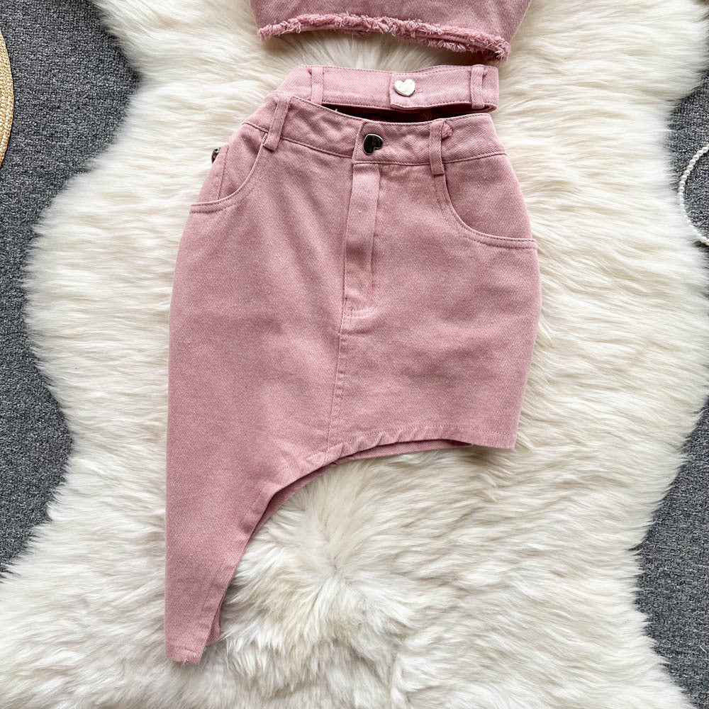Pink Bandeau Sling Top Irregular Skirt Stylish Two-piece Set