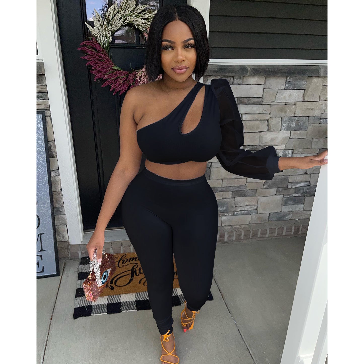 Mesh One Sleeve Elastic Two Piece Pants Set