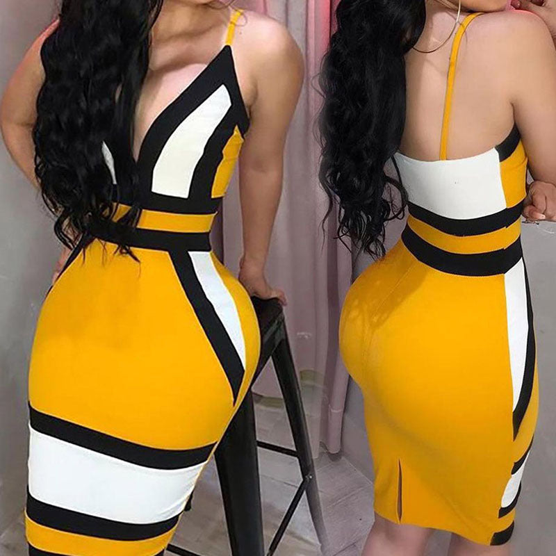 Sexy Yellow Contrast Printed Sling Dress