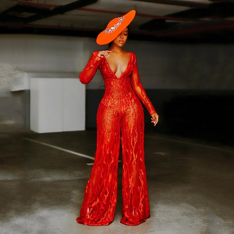 Red Women Sequin Halter Neck Jumpsuit