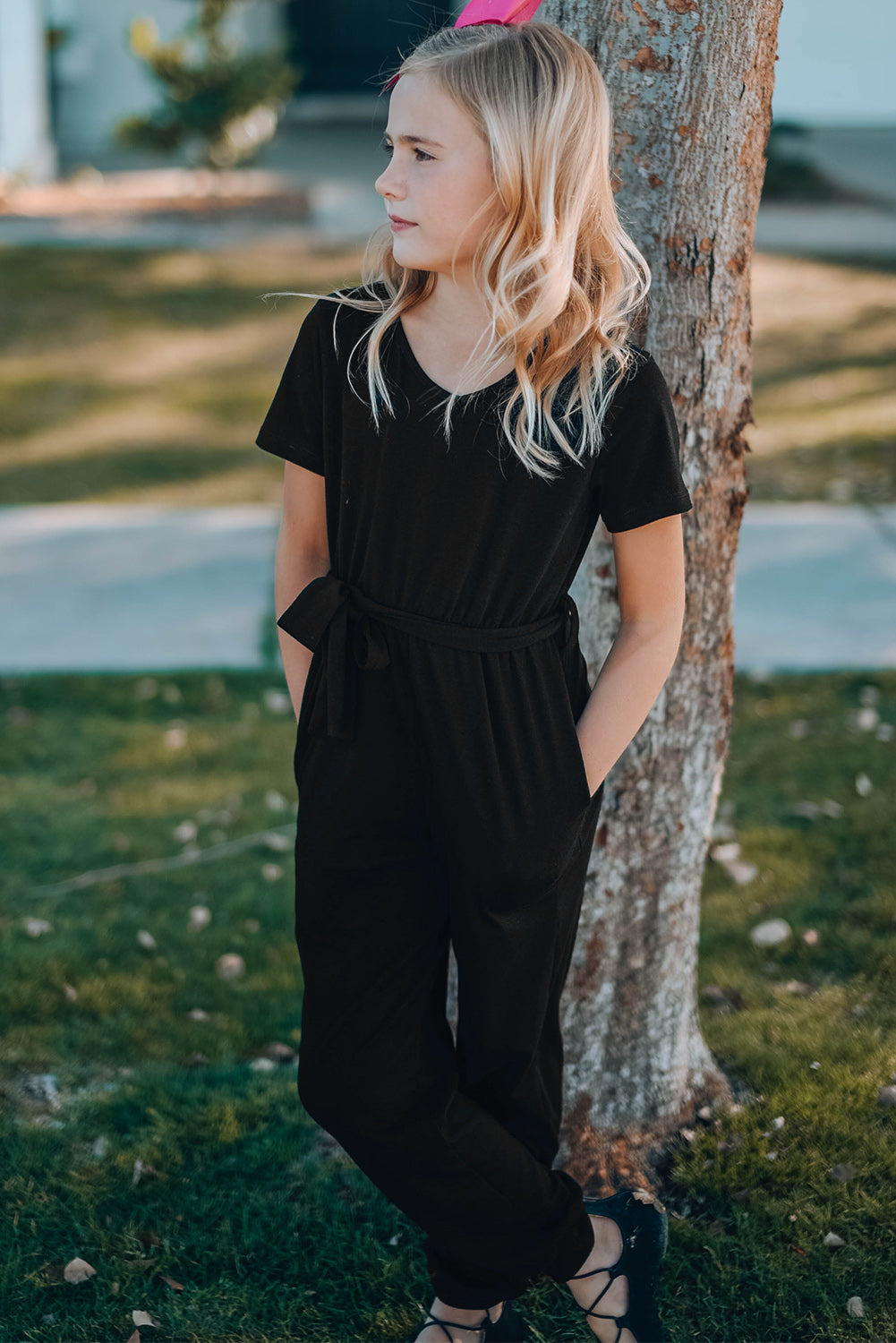 Girls Belted Jogger Jumpsuit with Side Pockets