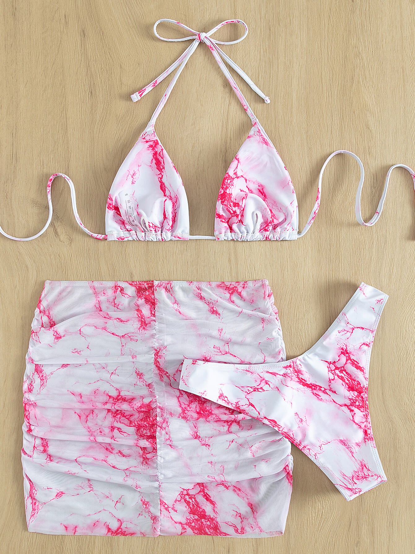 Tie-Dye Halter Neck Ruched Three-Piece Swimsuit