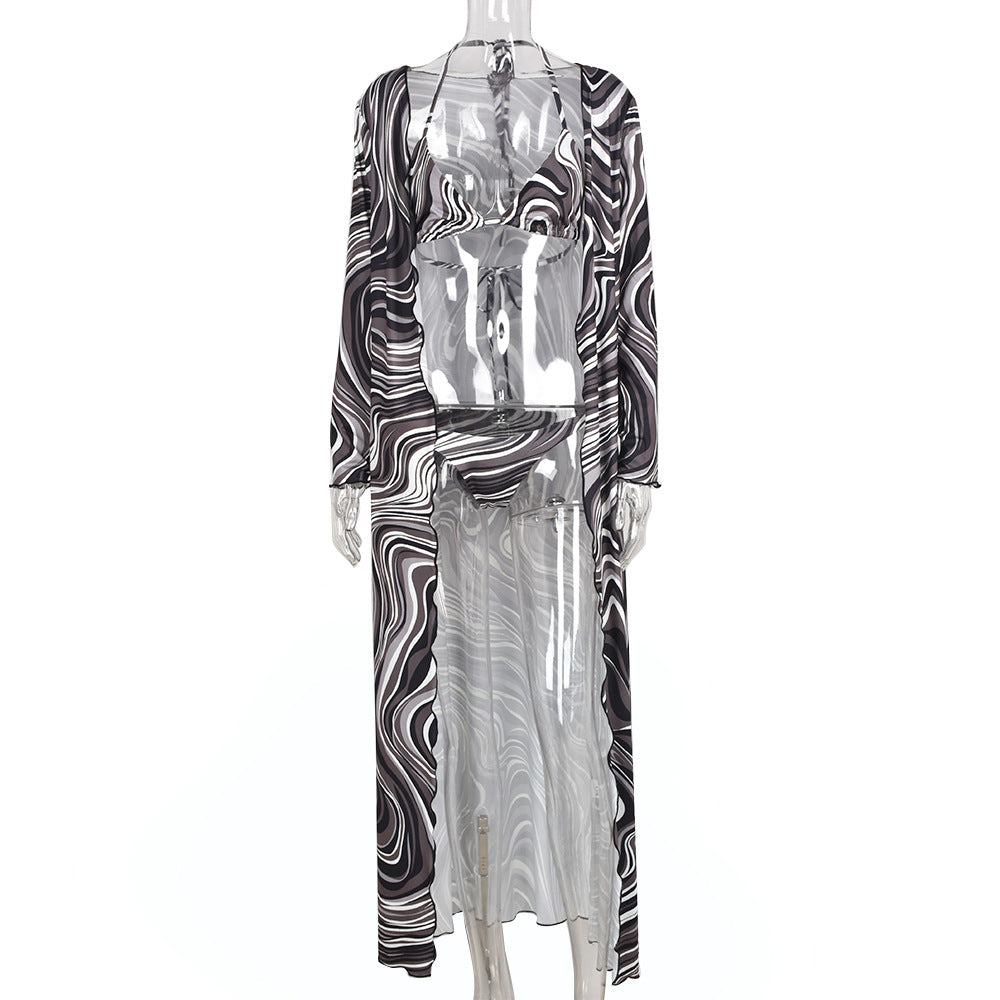 Sexy Shawl Cropped Tie Wrap Bust Beachwear Three-Piece Set