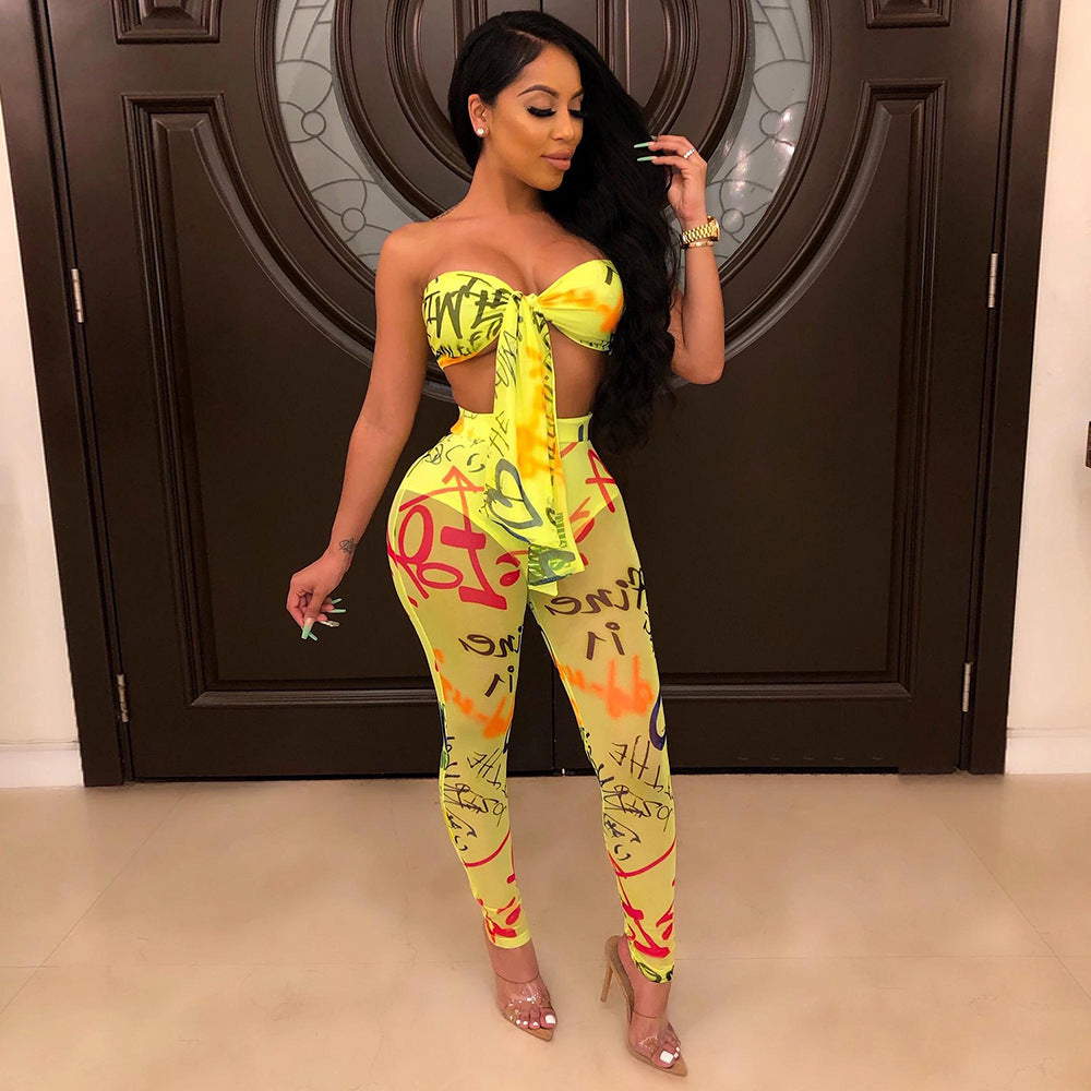 Graffiti Print Sexy Chest Wrap Two Piece Set