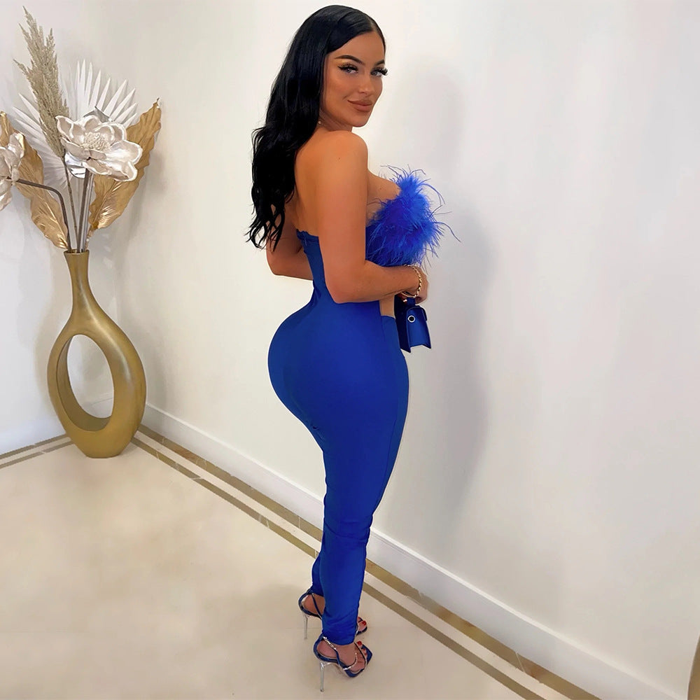 Women's Fashionable Sexy Fur Slimming Jumpsuit